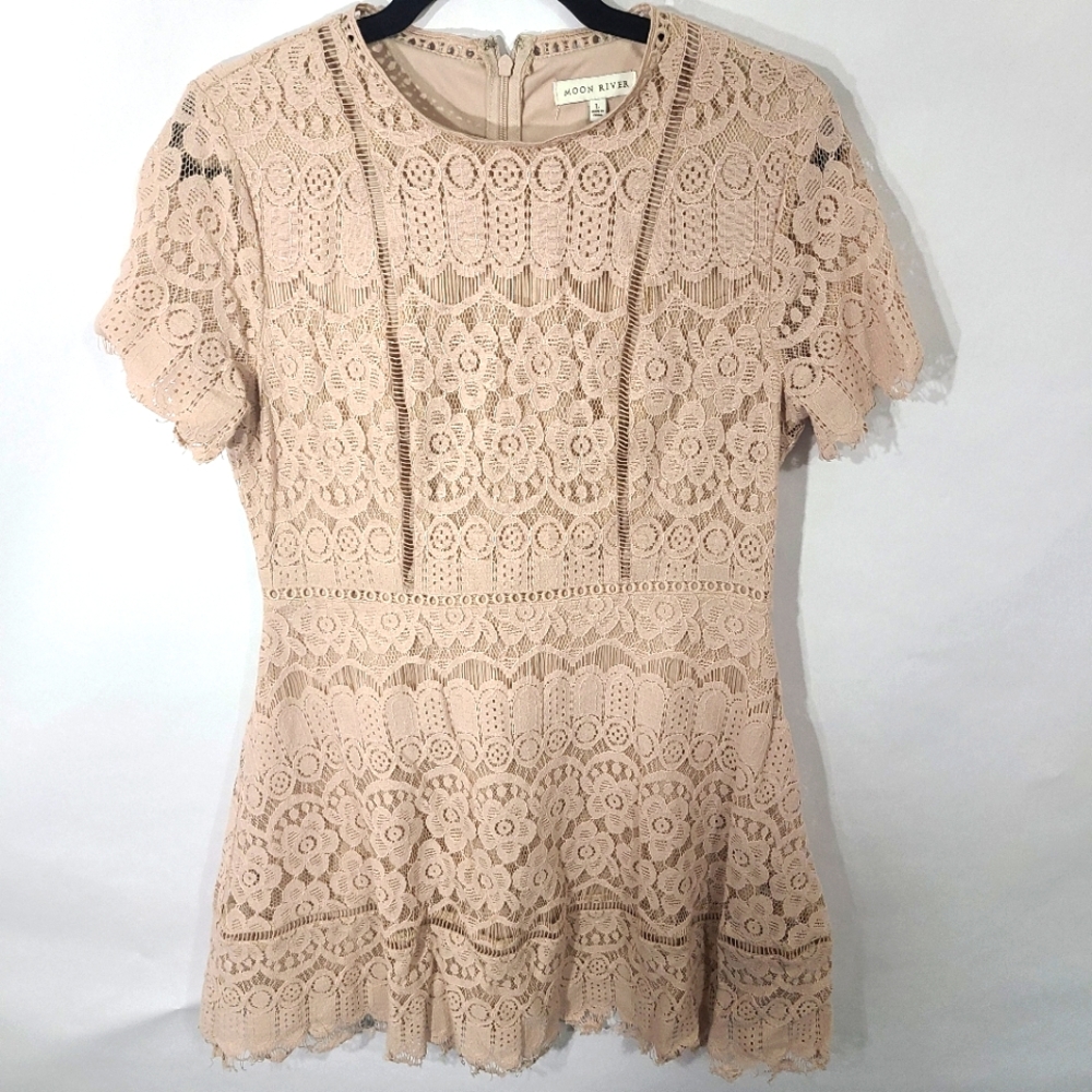 Moon River Women's Tan Cocktail Dress with Slip Lace Cotton Nylon